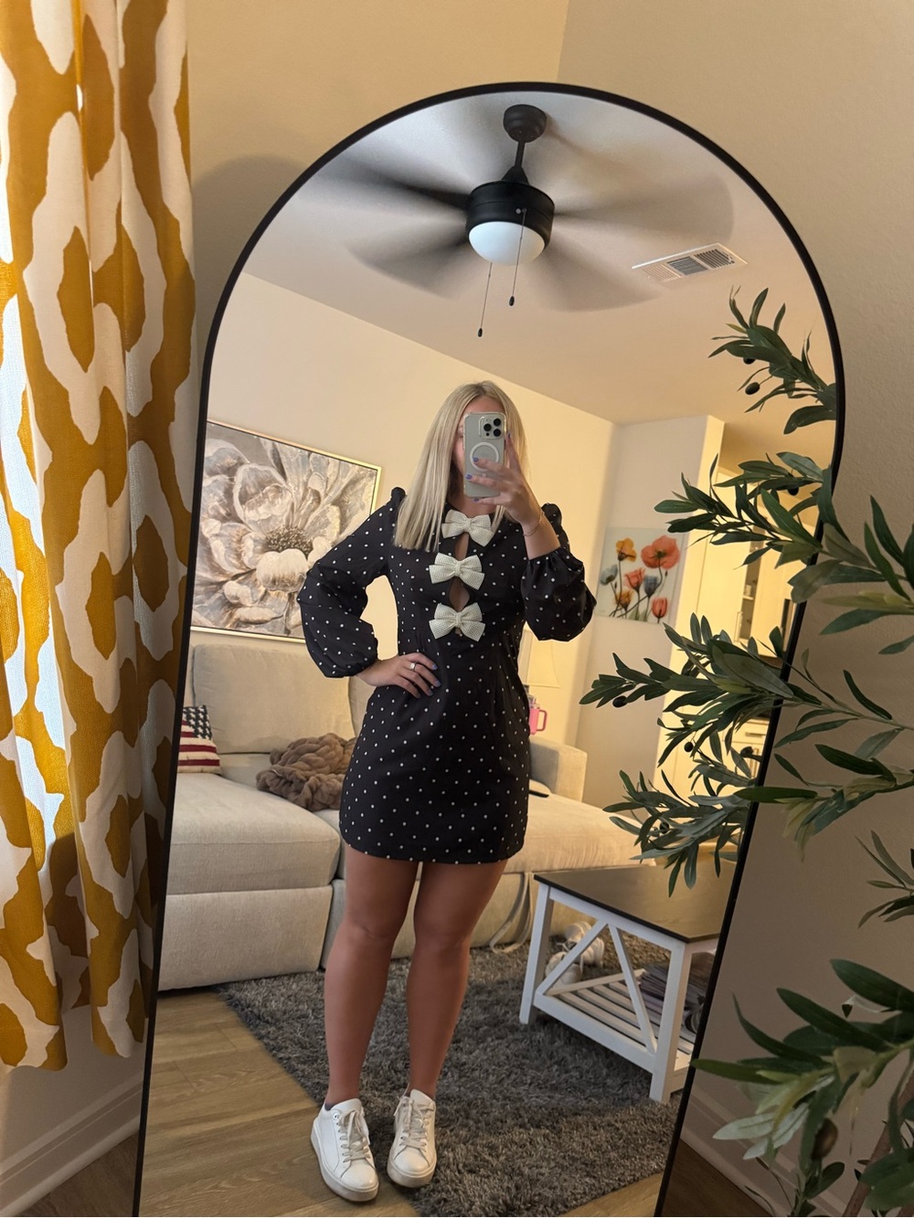 Black Polka Dot Bow-Accent Mini Dress
